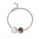 Always With You Locket Bracelet in silver with round photo locket open to reveal a custom photo, on a white background
