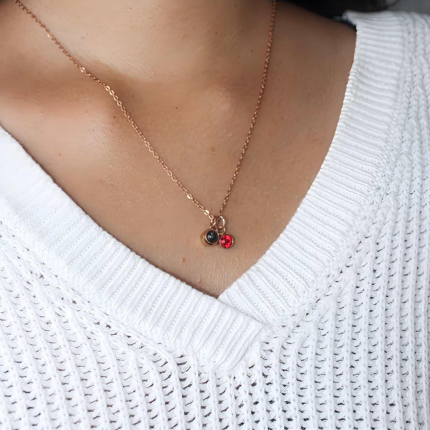 photo necklace with red birthstone