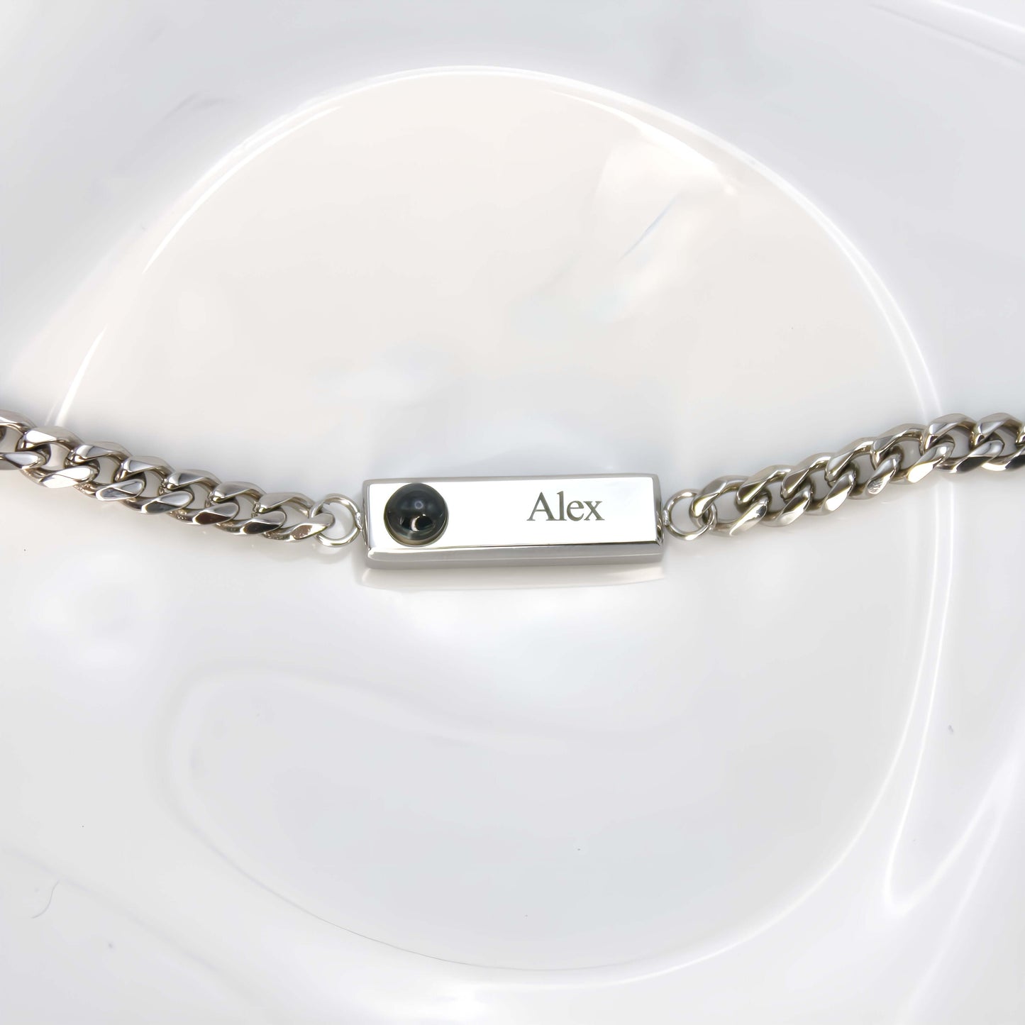 cuban engraved projection bracelet displaying custom name "alex" with photo slot, ideal as a photo bracelet and memorial gift