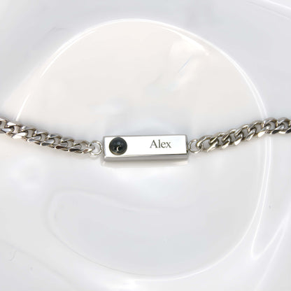 Cuban engraved projection bracelet displaying custom name "Alex" with photo slot, ideal as a photo bracelet and memorial gift