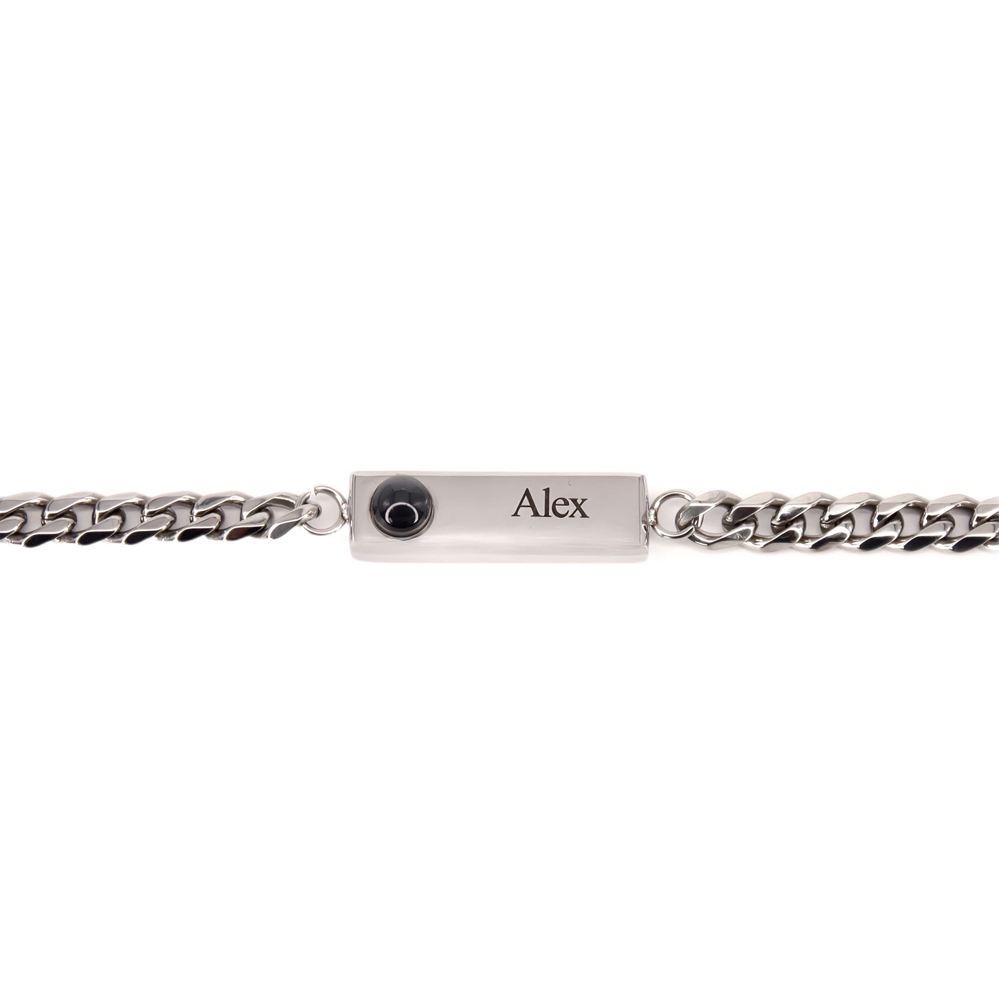 customizable cuban engraved projection bracelet with "alex" inscription, ideal photo bracelet and memorial gift, silver projection jewellery.