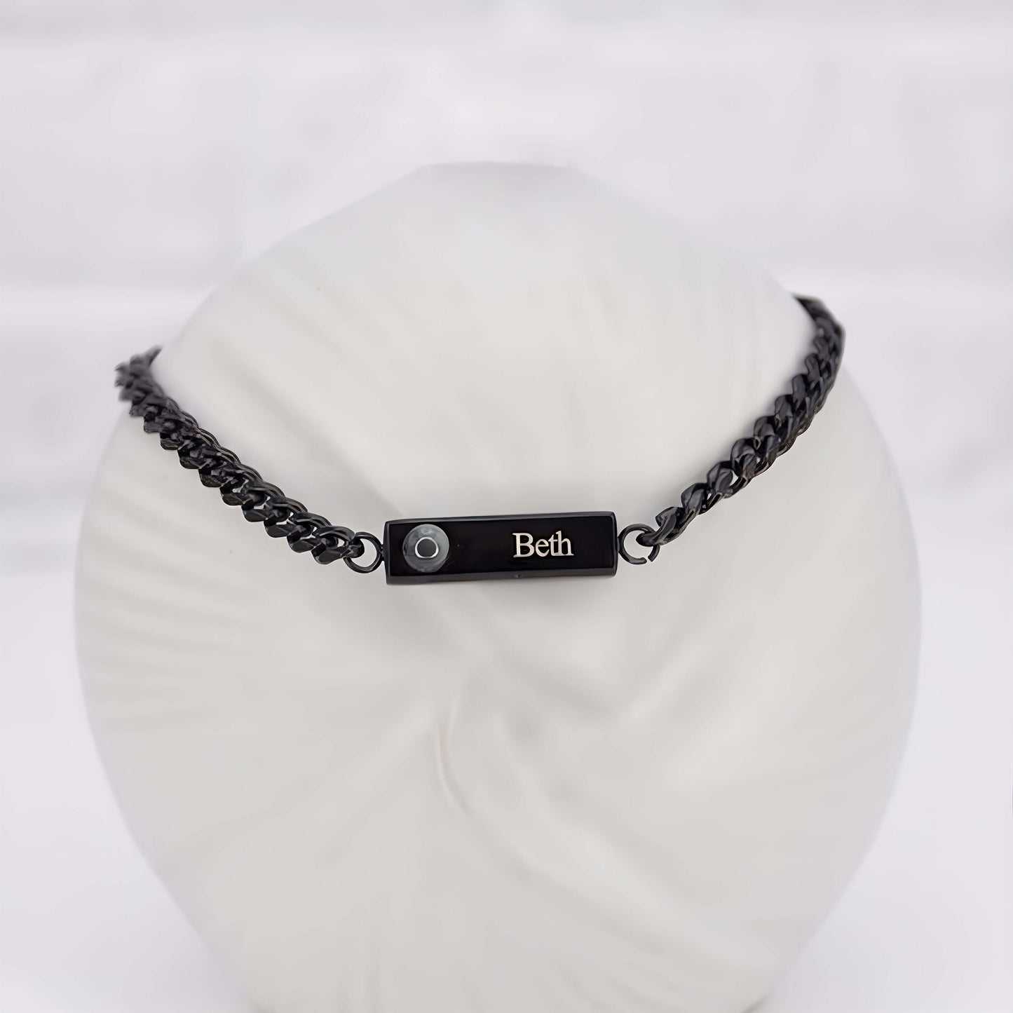 black cuban engraved projection bracelet with custom name "beth," ideal as a photo bracelet and meaningful memorial gift.