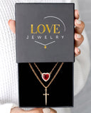 Heart & Sword Couple's Necklace in gold, presented in a Love Jewelry gift box