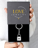 Padlock Projection Keychain in silver, presented in a Love Jewelry gift box