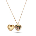 Gold heart photo locket necklace open to reveal a custom photo, on a white background

