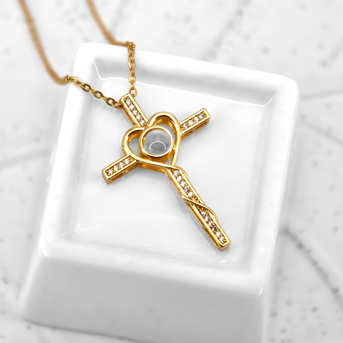 minimalist diamond cross projection necklace