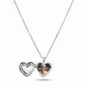 Silver heart photo locket necklace open to show a personalised photo, on a white background
