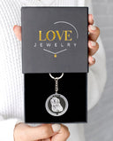 Medallion Pet Engraved Keychain in silver, presented in a Love Jewelry gift box