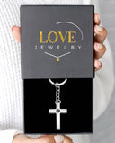 Cross Projection Keychain in silver, presented in a Love Jewelry gift box