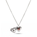 Silver Birthstone Heart Locket Necklace with heart locket closed, hanging on a white background
