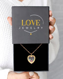 Floating Heart Birthstone Necklace in gold, presented in a Love Jewelry gift box