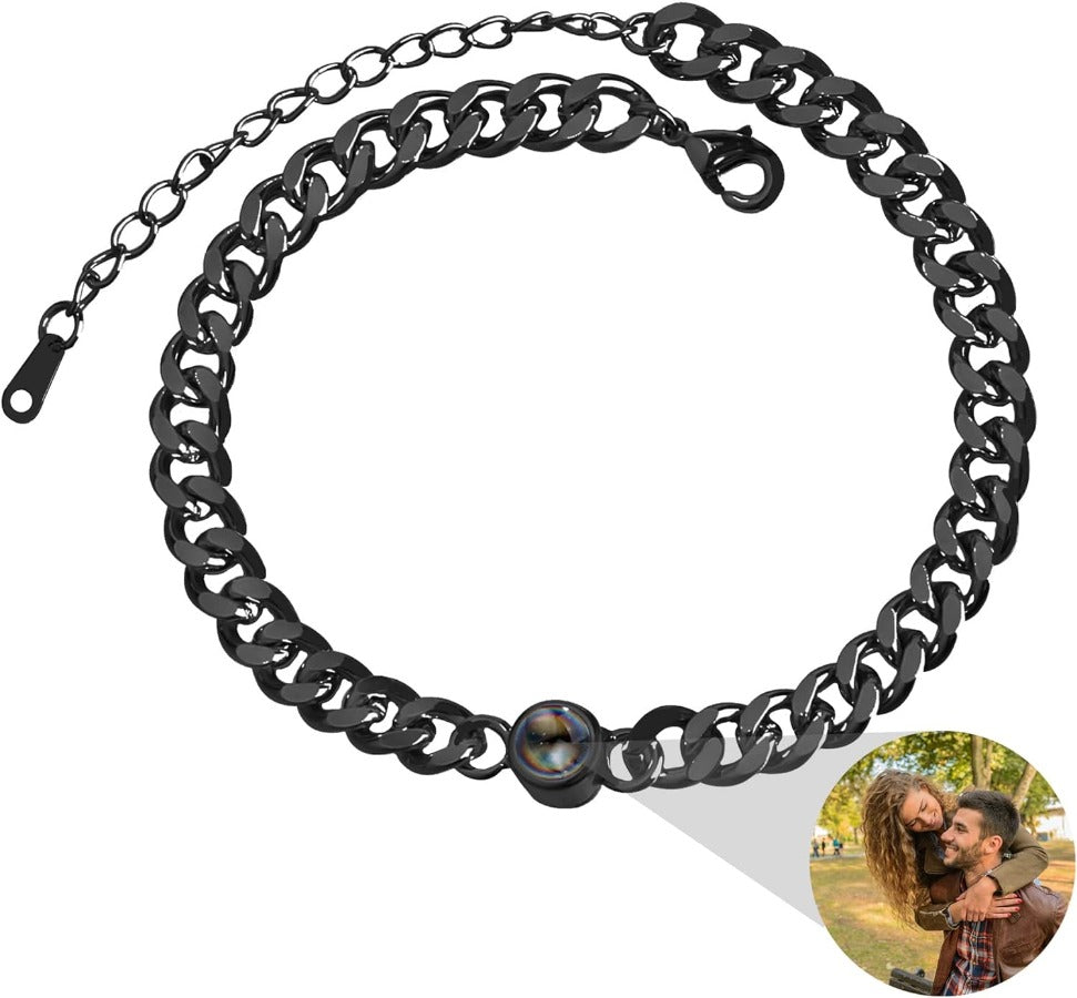 "stylish photo bracelet with a cuban link design."