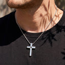 Full Cross Projection Necklace in silver, worn by a man