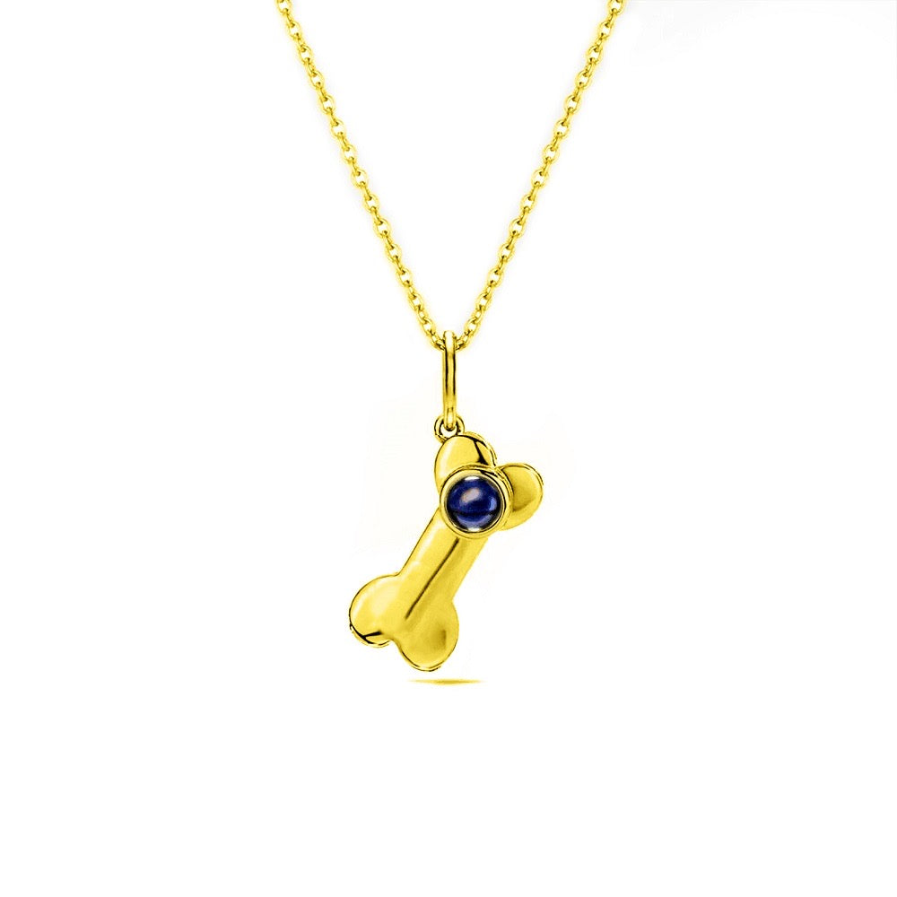 "projection pendant: a necklace adorned with a dog bone charm and a mesmerizing projection."