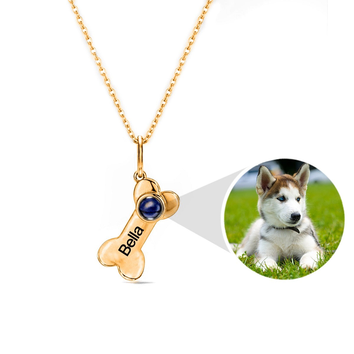 "projection keepsake necklace: a meaningful necklace with a dog bone charm, designed to project cherished memories."