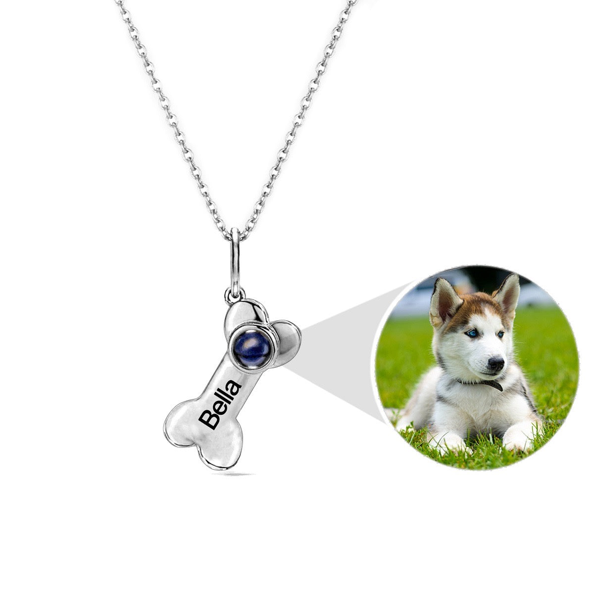 "dog bone projection necklace: a heartwarming necklace featuring a dog bone charm with a projection feature."