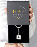 Square Projection Keychain in silver, presented in a Love Jewelry gift box