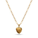 Featured: All My Hearts Locket Necklace in gold with the heart locket closed on a paperclip chain, white background
