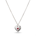 Featured: Birthstone Heart Locket Necklace in silver with a red birthstone set in an engraved star, on a white background
